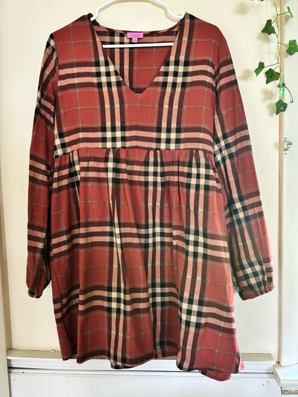 miami Rust Plaid V-Neck Long Sleeve Tunic Dress